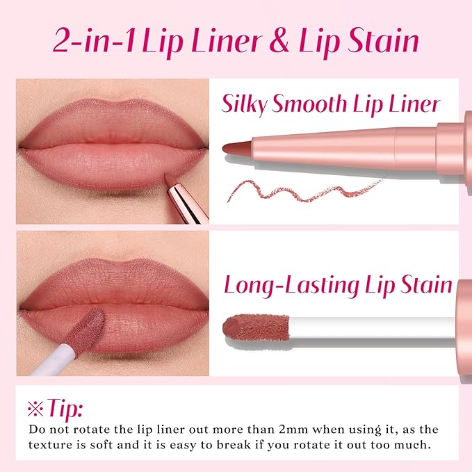 2 PCS Lip Liner and Lip Stain Combo Set, High Pigmented Long Lasting Velvet Lip Tint, Well-Defined Lipliner, Weightless Waterproof Not Animal Tested, Matte Finish Makeup-GlimoraGlow