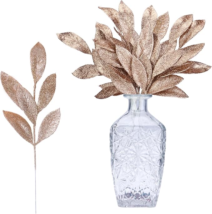 GREENTIME 12 Pack Artificial Champ Glitter Leaves 13" Fake Christmas Picks Decorative Glitter Sticks for Vase Christmas Tree DIY Wreath Crafts Fireplace Decor