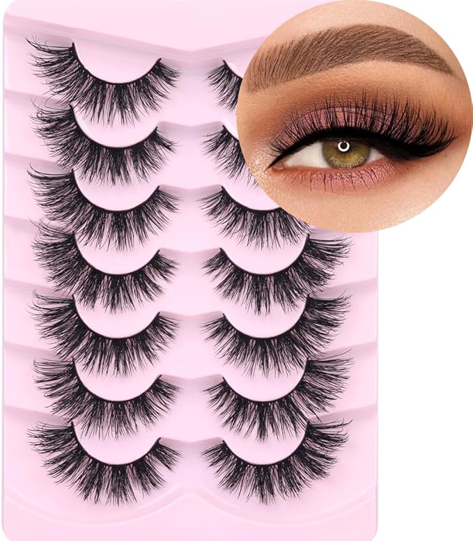Mink Lashes False Eyelashes Natural Look Wispy Cat Eye Flat Lashes 3D Mink Lashes Natural Fake Lashes 18mm Strip Lashes Pack 7 Pairs-GlimoraGlow