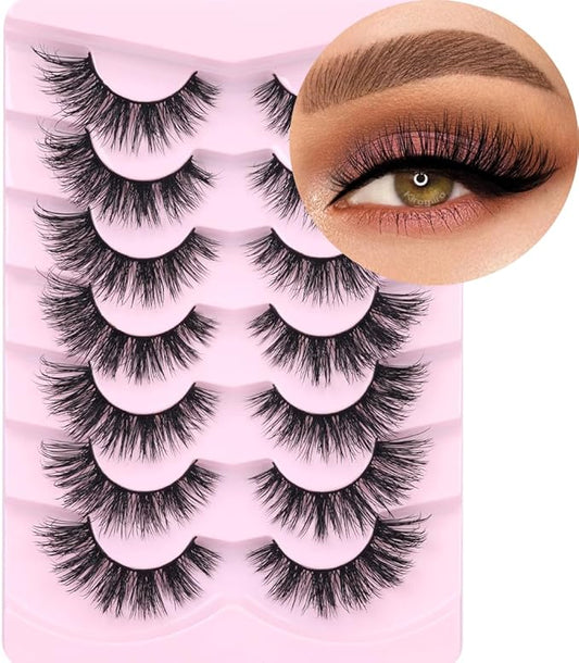 Mink Lashes False Eyelashes Natural Look Wispy Cat Eye Flat Lashes 3D Mink Lashes Natural Fake Lashes 18mm Strip Lashes Pack 7 Pairs-GlimoraGlow