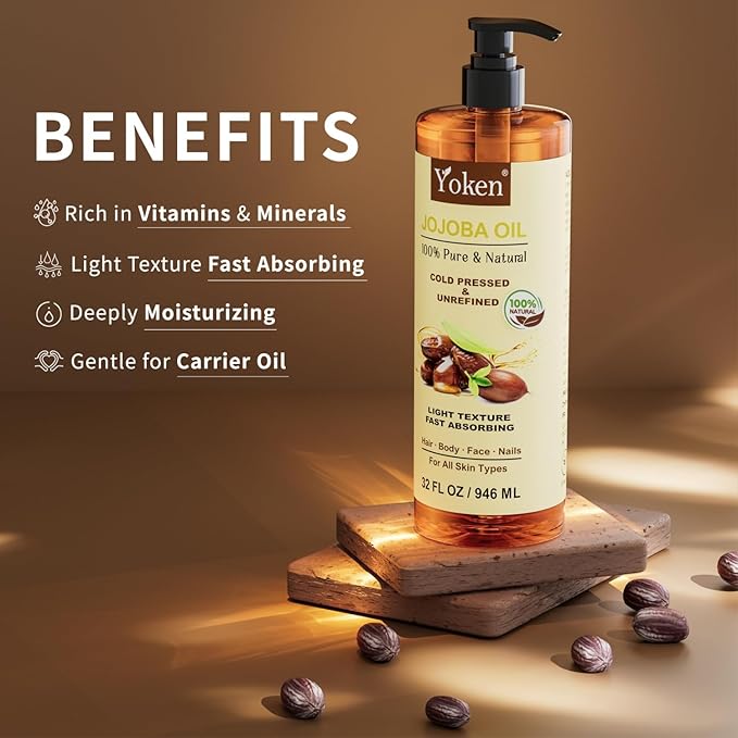 Yoken 32 fl oz (EWG Verified) 100% Pure Jojoba Carrier Oil - Unrefined, Hexane-Free, Cold Pressed for Skin, Face, Hair, Nails, and Massage-GlimoraGlow