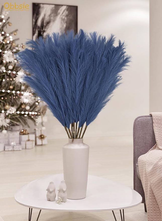 35" Faux Pampas Grass Decor, 8pcs Large Tall Fluffy Artificial Pompous Grass Branches Floral Fake Pompas Grass Bulrush Floor Vase Filler Flower Arrangement for Home Wedding Boho Decor - Blue