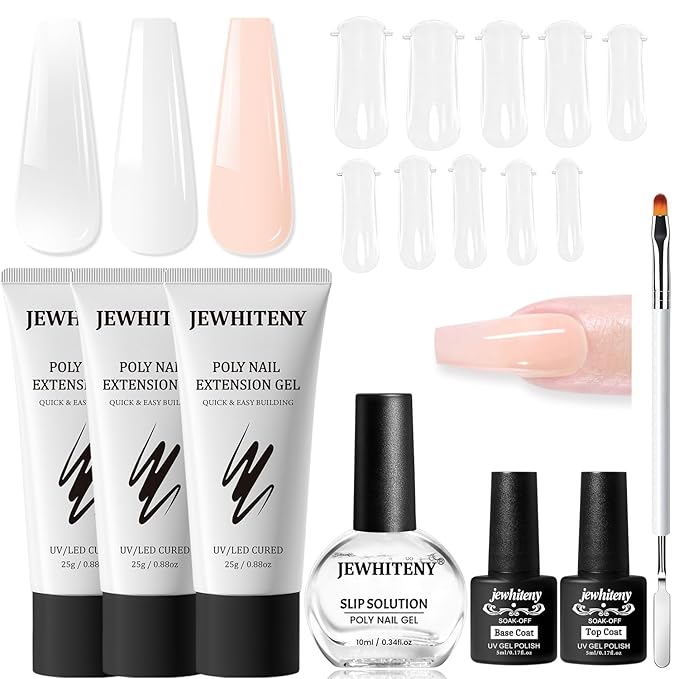 JEWHITENY Poly Extension Gel Nail Set Clear White Pink Poly Nail Gel With Slip Solution Base Coat Top Coat French Manicure for Finger Art and Home DIY Need U V Lamp Curing-GlimoraGlow