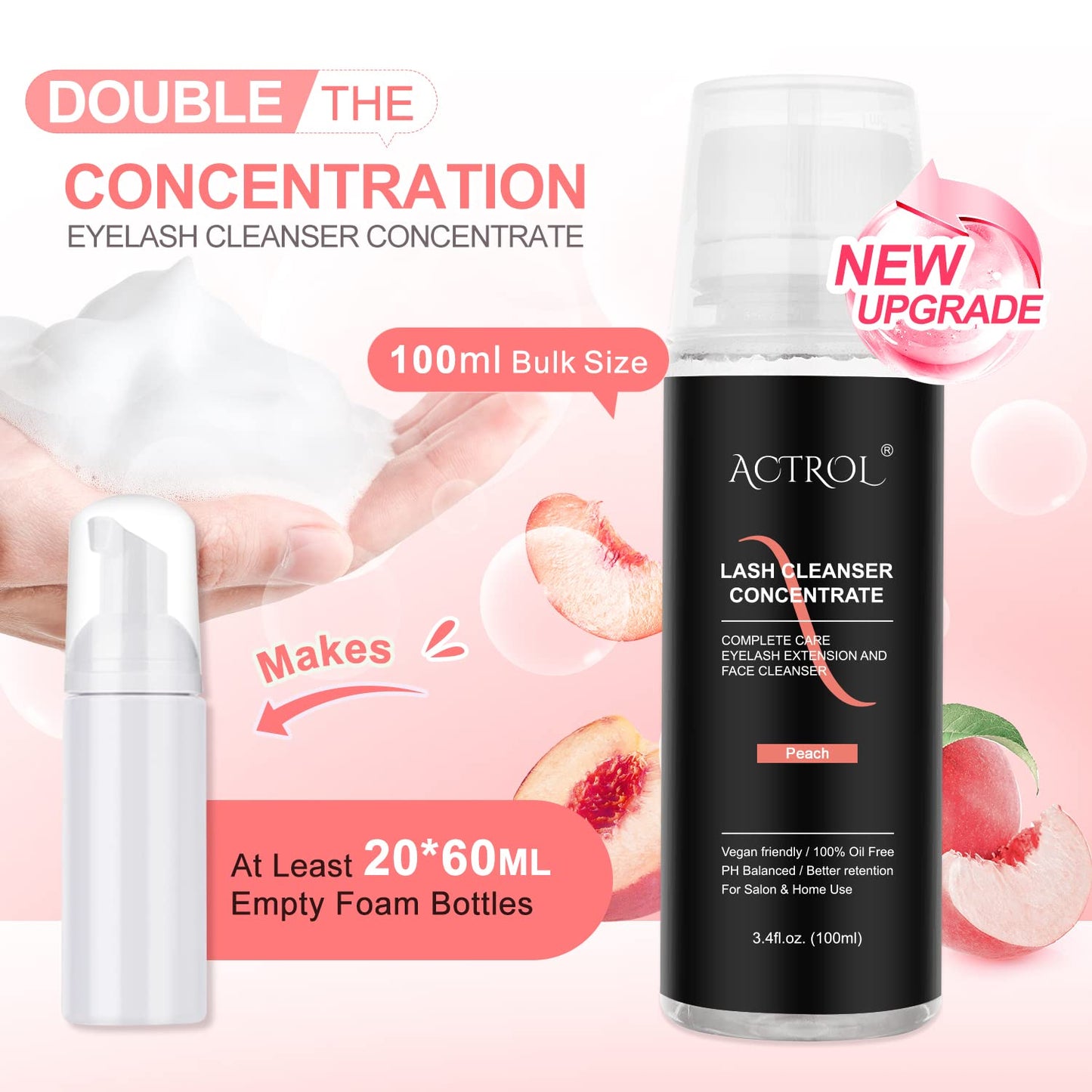 Eyelash Cleanser Concentrate 100ml Peach Professional Lash Shampoo Foaming Cleanser DIY Paraben & Sulfate Free Non-lrritating Wash for Extensions Lashes with Salon Care-Makes 20 Bottles-GlimoraGlow