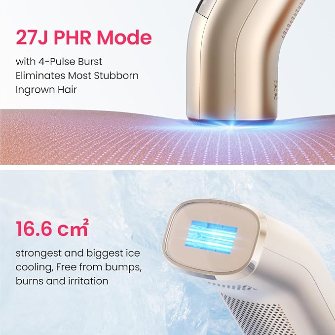 IPL Laser Hair Removal for Women and Men, 2 Lights, 2℃, 16.6 cm² Sapphire Ice Cooling for Sensitive Skin, 4-Pulse Mode for Ingrown Hair, Bikini, Face, Body Permanent Epilator Home Hair Removal Device-GlimoraGlow