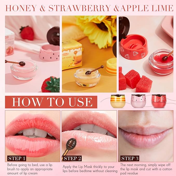 12 Pcs Bee Lip Balm Honey Pot with Brush Propolis Lip Mask Overnight, Moisturizing Hydrating Lip Sleeping Mask Prevention Dry and Cracked(Honey+Strawberry+Watermelon)-GlimoraGlow
