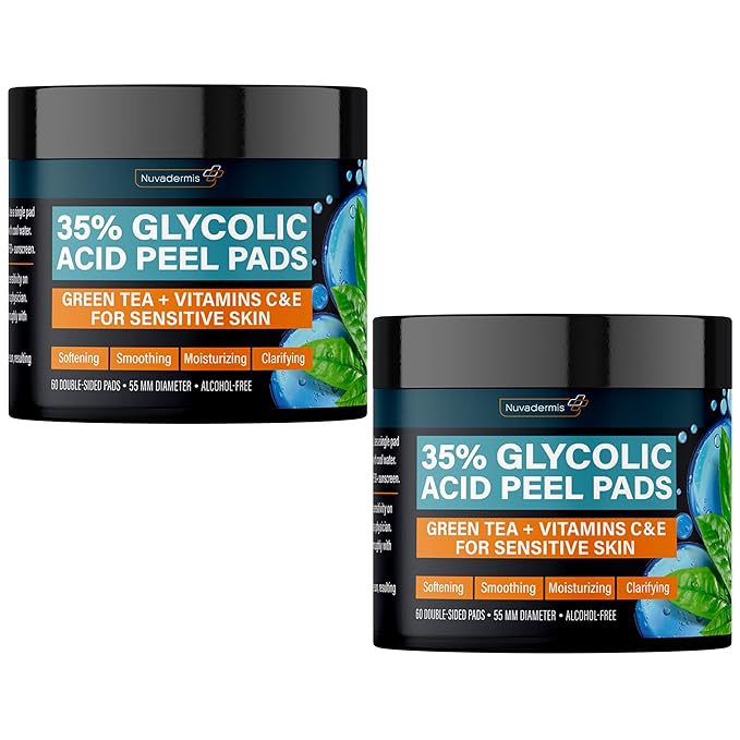 NUVADERMIS 35% Glycolic Acid Peel Pads – Exfoliating Facial Resurfacing for Blackheads, Dark Spots, and Acne – Safe for Sensitive Skin – 60 Double-Sided Pads - 2 Pack-GlimoraGlow