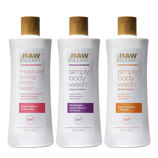 RAW SUGAR Simply Body Wash Variety Trio (25 Fl Oz, Pack of 3) Vegan Bath & Shower Gel, Raw Coconut + Mango, Pineapple + Maqui Berry + Coconut and Watermelon + Fresh Mint, No Sulfates & Parabens-GlimoraGlow