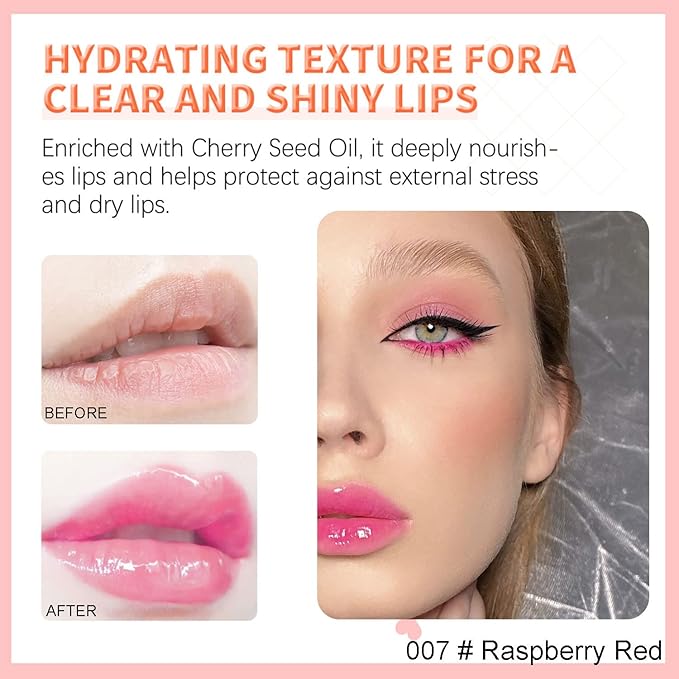 Hydrating Lip Glow Oil, Plumping Watery Lip Gloss, Refreshing Moisturizing Lip Oil Tinted Lip Balm, Lasting Nourishing Revitalizing Lip Tint Lip Care (07# Raspberry Red)-GlimoraGlow