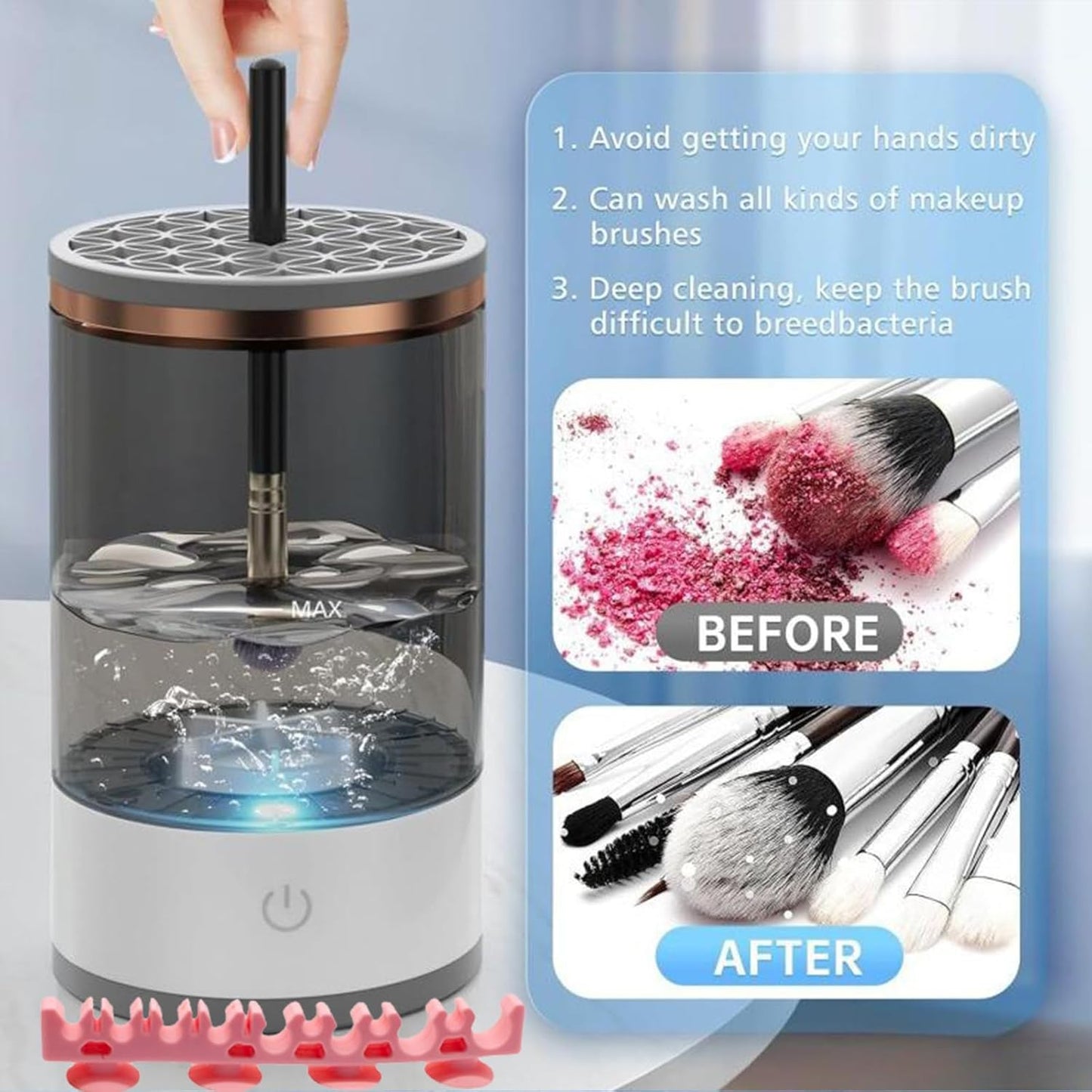 Makeup Brush Cleaner Machine, Portable Electric Makeup Brush Cleaner, Efficient Deep Cleaning Makeup Brushes, Automatic Spinning Make Up Brush Cleaner Fit for All Size Cosmetic Brush (Grey)-GlimoraGlow