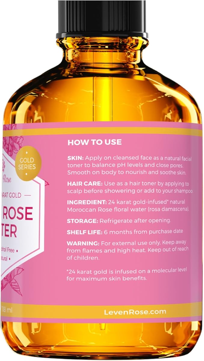 24 Karat Gold Rose Water Toner by Leven Rose Natural Moroccan 24K Rosewater Toner 4 oz-GlimoraGlow