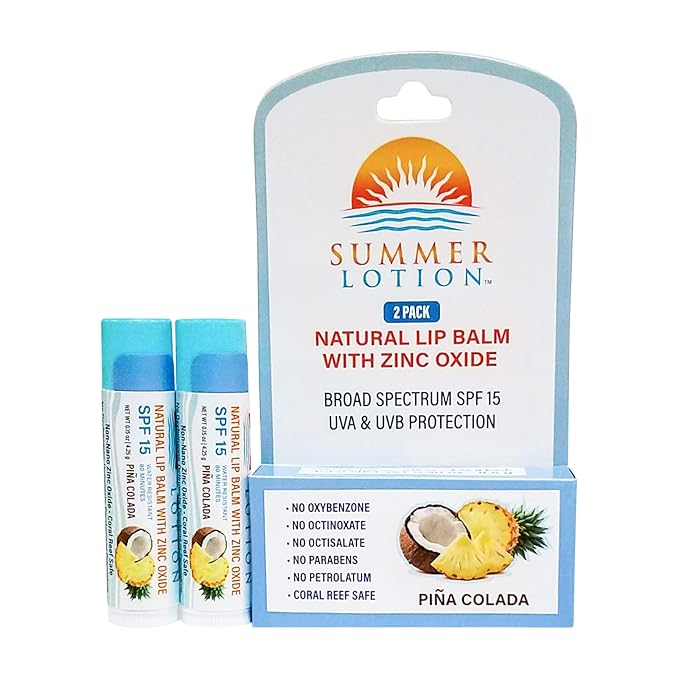 Natural Lip Balm with Zinc Oxide Sunblock by Summer Lotion, SPF 15 Lip Sunscreen 2-Pack, Water Resistant Chapstick, SPF Lip Protection for Everyone, (Pina Colada)-GlimoraGlow