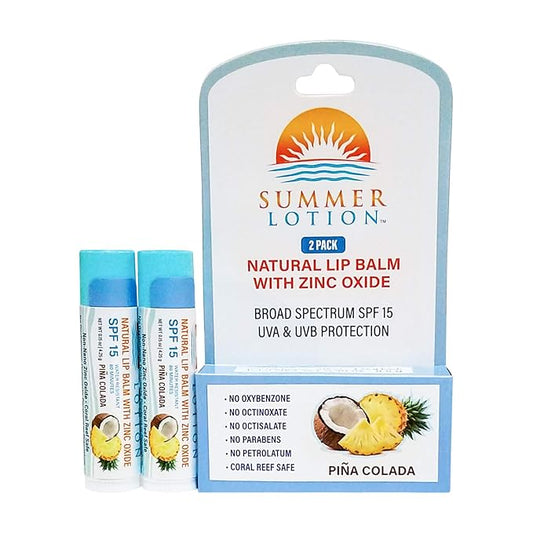 Natural Lip Balm with Zinc Oxide Sunblock by Summer Lotion, SPF 15 Lip Sunscreen 2-Pack, Water Resistant Chapstick, SPF Lip Protection for Everyone, (Pina Colada)-GlimoraGlow