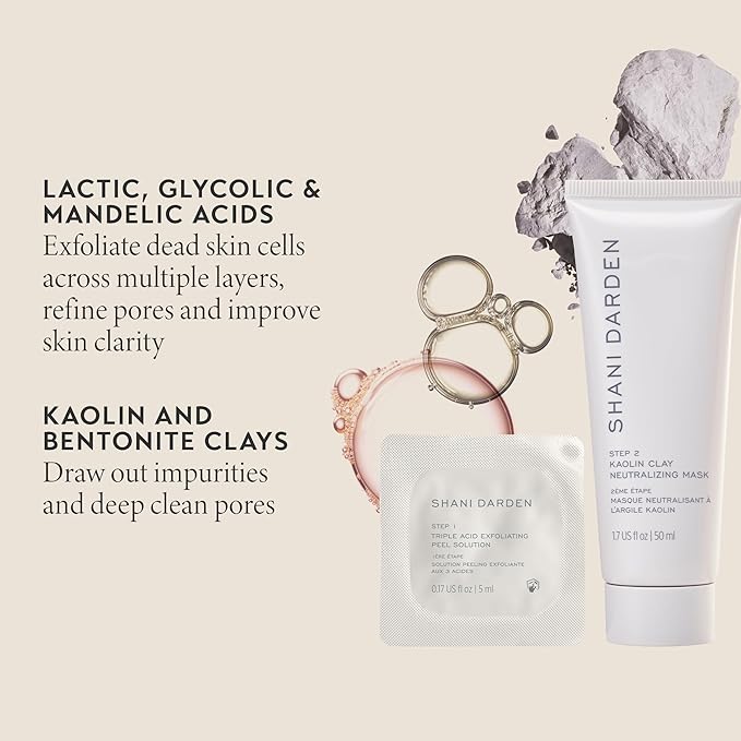 SHANI DARDEN SKIN CARE Triple Acid Peel, 2-Step Exfoliating Face Peel with Mandelic, Lactic & Glycolic Acids, Kaolin Clay Neutralizing Mask & Brush, Helps Improve Dark Spots & Skin Texture, 0.5 fl oz-GlimoraGlow