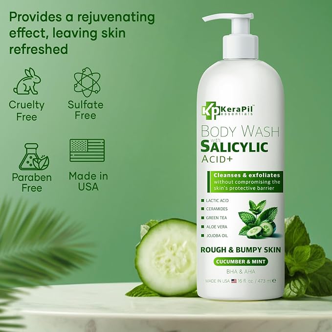 Exfoliating Body Wash with Salicylic Acid - No Dry Out, Gentle Exfoliates Rough and Bumpy Skin, Body Acne Wash, BHA & AHA - Cucumber and Mint Salicylic Acid Body Wash - (16 fl oz)-GlimoraGlow