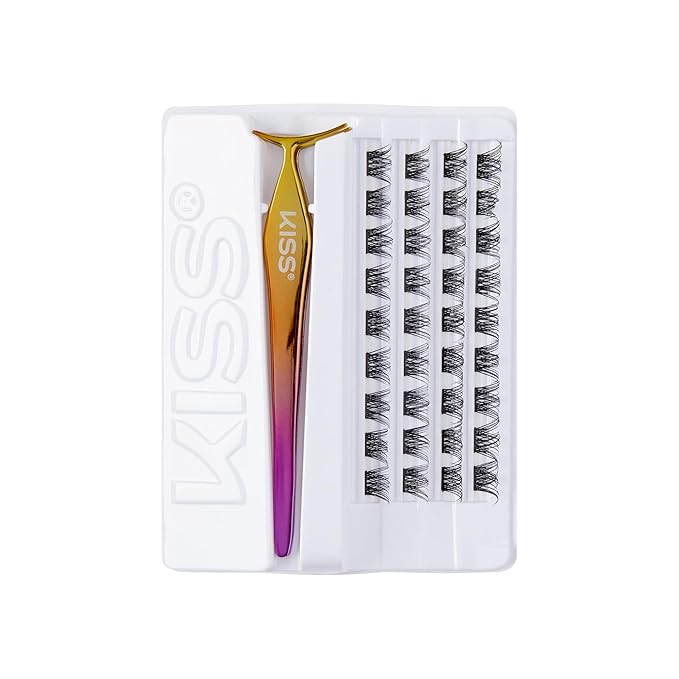 KISS imPRESS Falsies Self Adhesive Eyelashes, Press On Lashes, 12mm-14mm Glam Volume Lashes, Black, No Glue Needed, Invisible Band, 36 Lash Clusters & Non-Stick Applicator - Voluminous-GlimoraGlow