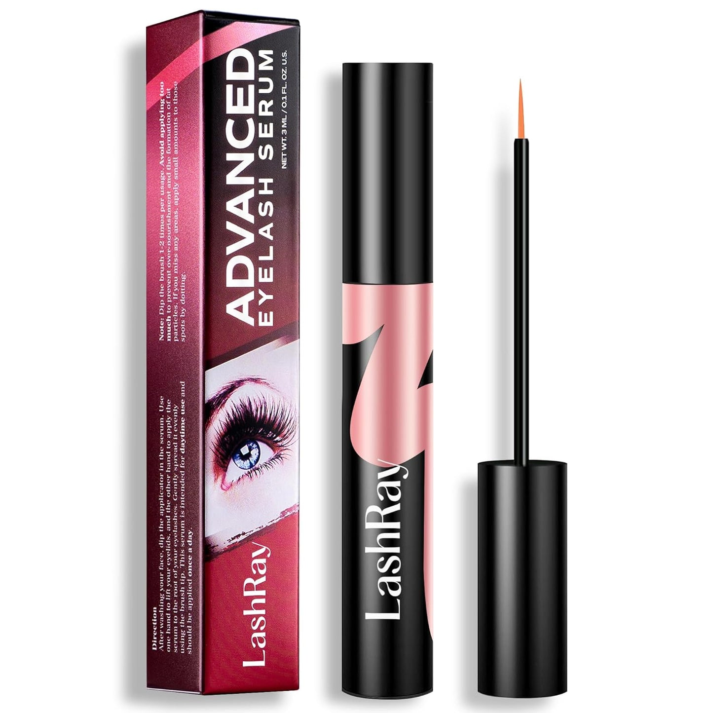 Advanced Lash Serum for Eyelash Growth: LashRay Eye Lash Enhancing Serum to Grow Longer Thicker Eyelashes and Eyebrows for Women, 0.1 oz-GlimoraGlow