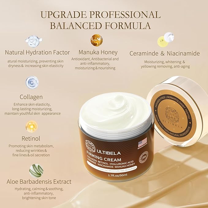 Tighten and Lift Neck Cream, Deep Hydration Neck Firming Cream with Retinol, Collagen & Honey Anti-Aging & Wrinkle Moisturizer for Face, Neck & Décolleté Women & Men 1.7 Fl Oz-GlimoraGlow
