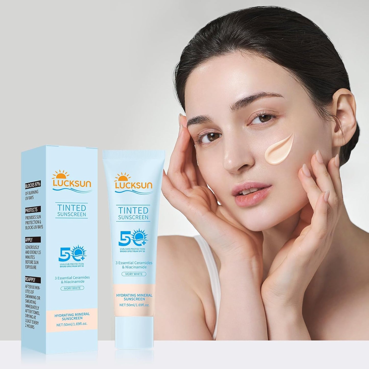 Tinted Sunscreen for Face SPF 50, 2 PCS Defense SPF 50 Face Sunscreen Lotion with Hyaluronic Acid, Sun Essence Faces Sunscreens, Hydrating, Moisturizing, UV Defense, Travel Size (Light Color)-GlimoraGlow