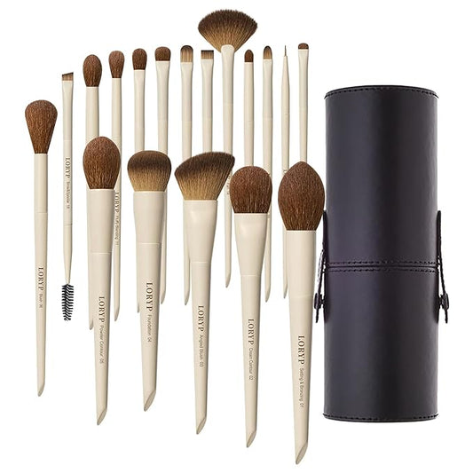 LORYP 18 Piece Makeup Brushes Set Labeled Face and Eye Brush Set Complete with Foundation, Concealer, Contour, Blending, Blush, Eyeshadow Brushes with Travel Holder Case-GlimoraGlow