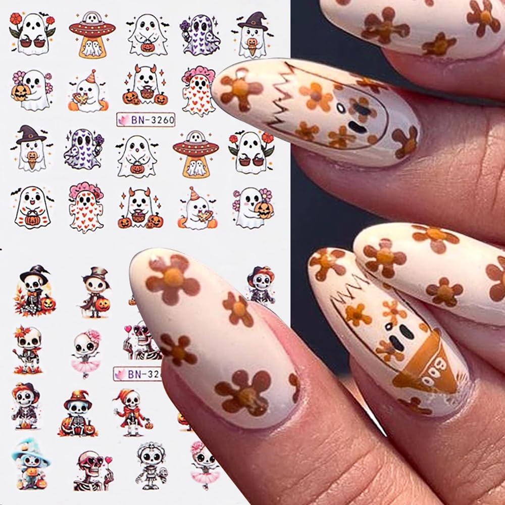 12 Sheets Halloween Nail Art Stickers Pink Pumpkin Water Transfer Nail Decals Cute Ghost Spider Skeleton Acrylic Nail Stickers for Women DIY Manicure Tips Halloween Nail Art Decorations Supplies-GlimoraGlow
