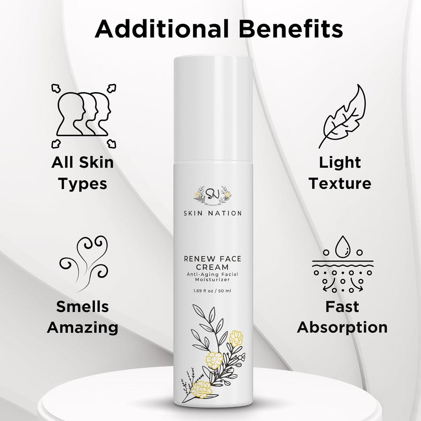 Skin Nation Renew Face Cream, Hydrating Moisturizer with Peptides, Hyaluronic Acid & Green Tea, Lightweight Plant-Based Cream for Smooth, Radiant Skin, 1.69 fl oz-GlimoraGlow