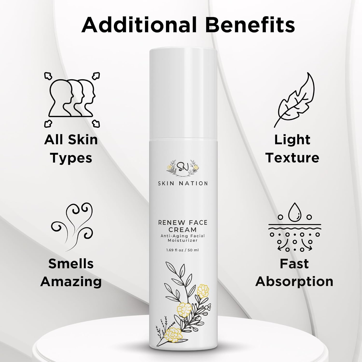 Skin Nation Renew Face Cream, Hydrating Moisturizer with Peptides, Hyaluronic Acid & Green Tea, Lightweight Plant-Based Cream for Smooth, Radiant Skin, 1.69 fl oz-GlimoraGlow