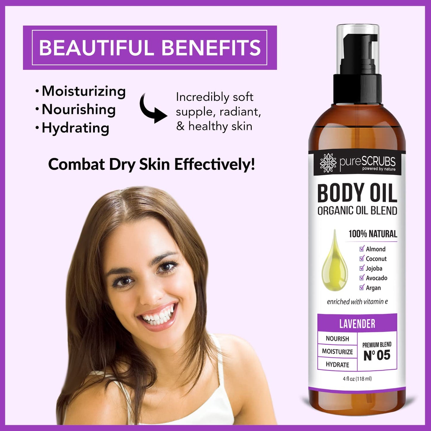 pureSCRUBS Ultra Moisturizing Lavender Body Oil Spray for Dry Skin, Massage, Cuticles & More, Organic Blend of Jojoba, Argan, Coconut, Sweet Almond & Avocado Oils Enriched with Vitamin E, Lg 4oz-GlimoraGlow