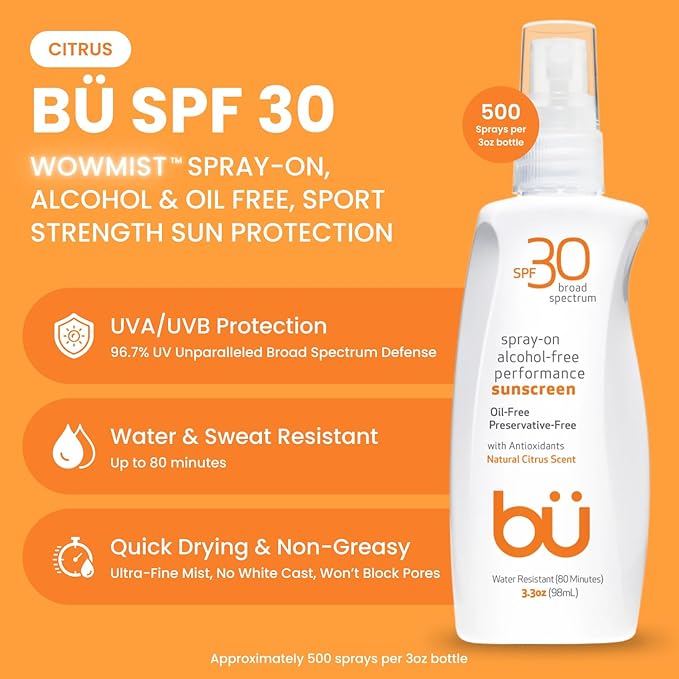 BU SPF 30 Sunscreen Spray for Face and Body, Non Aerosol Spray, Clear WOWmist, TSA Travel Size Sunblock, Oil Free and Water Resistant for Sensitive Skin, Natural Citrus 3.3 oz-GlimoraGlow