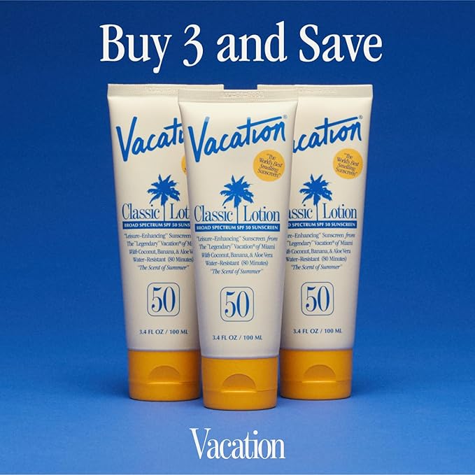 Vacation Classic Sunscreen Lotion SPF 50, Water-Resistant, Lightweight, Transparent on All Skin Tones, Dermatologist-Tested, Vegan, Travel Size, 3.4 Fl. Oz. (Value Pack of 3)-GlimoraGlow