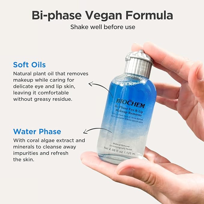 BIOCHEM Bi-Phase Eye & Lip Heavy Makeup Remover, Waterproof Mascara Remover, Gentle Cleanser liquid for Makeup with Natural Ingredients for Sensitive, Normal Skin Types (4.06 fl. oz / 120 ml)-GlimoraGlow