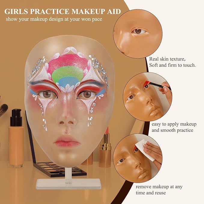 Make Up Practice Face, Face Painting Mannequin Head with Stand, 5D Reusable Silicone Face Practice Board, Mannequin Head for Makeup with Makeup Kit, Practice Face for Makeup Artist & Beginner, Brown-GlimoraGlow