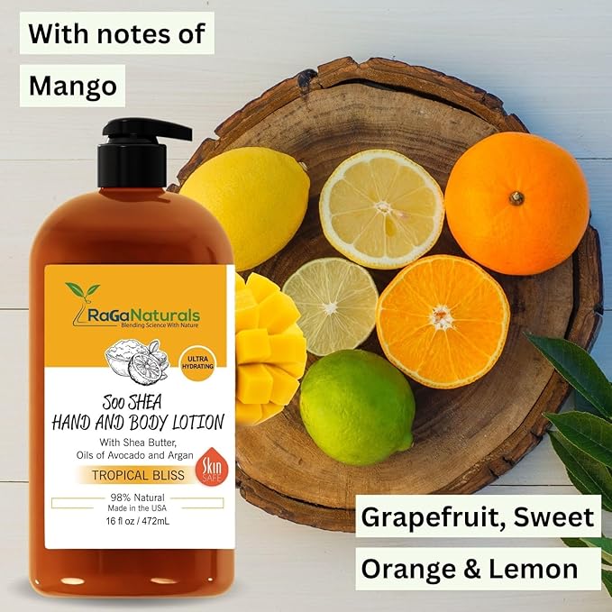 RaGaNaturals Natural Mango Body Lotion for Dry Skin - Tropical Bliss Moisturizer with Shea Butter, Vitamin E, B5, Argan & Avocado Oil - Refreshing Fruity Scent, Plant Based, Non-Greasy, Vegan - 16 Oz-GlimoraGlow