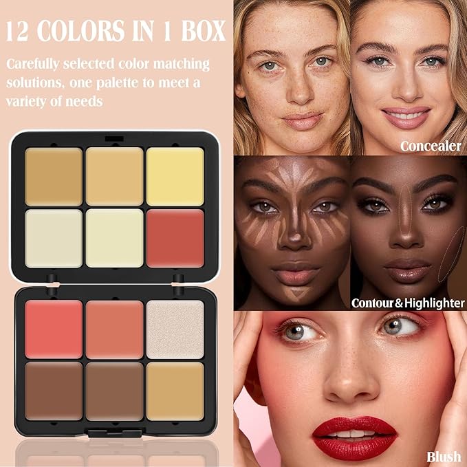 12 Colors Cream [Blush+Contour+Concealer+Highlighter] Makeup Palette for Cheeks - Multi-functional Makeup Palette with Brush, Natural Matte Long Wearing, Waterproof Face Makeup Palette (#05)-GlimoraGlow