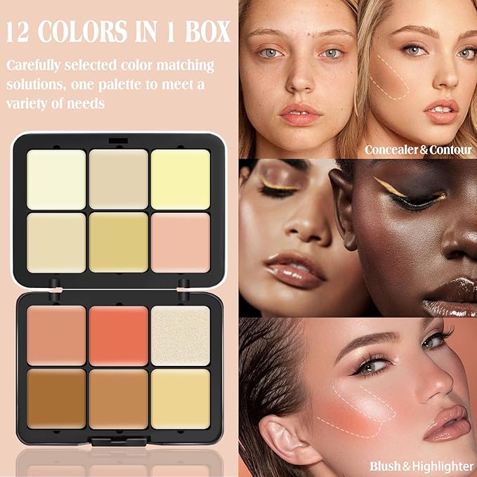 12 Colors Cream [Blush+Contour+Concealer+Highlighter] Makeup Palette for Cheeks - Multi-functional Makeup Palette with Brush, Natural Matte Long Wearing, Waterproof Face Makeup Palette (#04)-GlimoraGlow