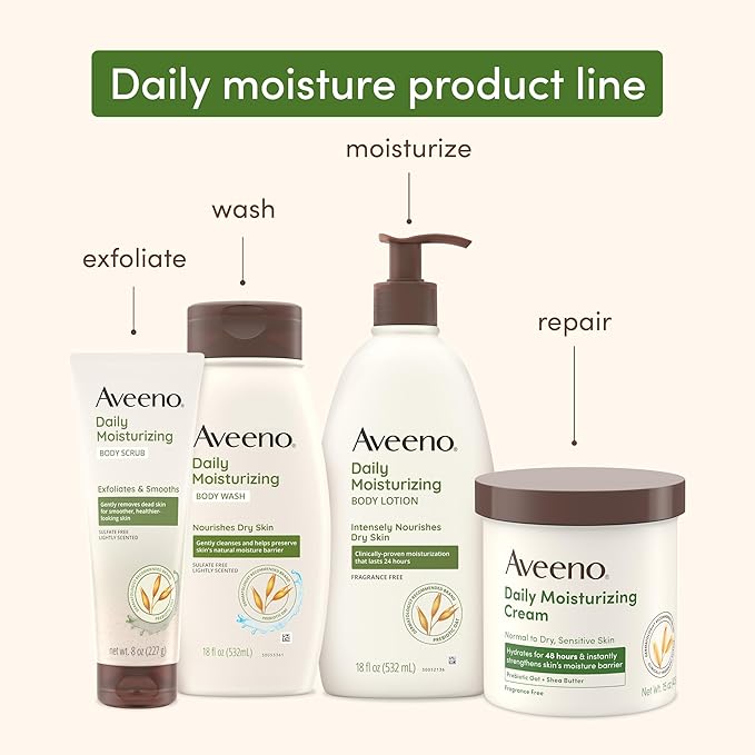 Aveeno Daily Moisturizing Body Lotion with Soothing Prebiotic Oat, Gentle Lotion Nourishes Dry Skin With Moisture, Paraben-, Dye- & Fragrance-Free, Non-Greasy & Non-Comedogenic, 12 fl. Oz-GlimoraGlow