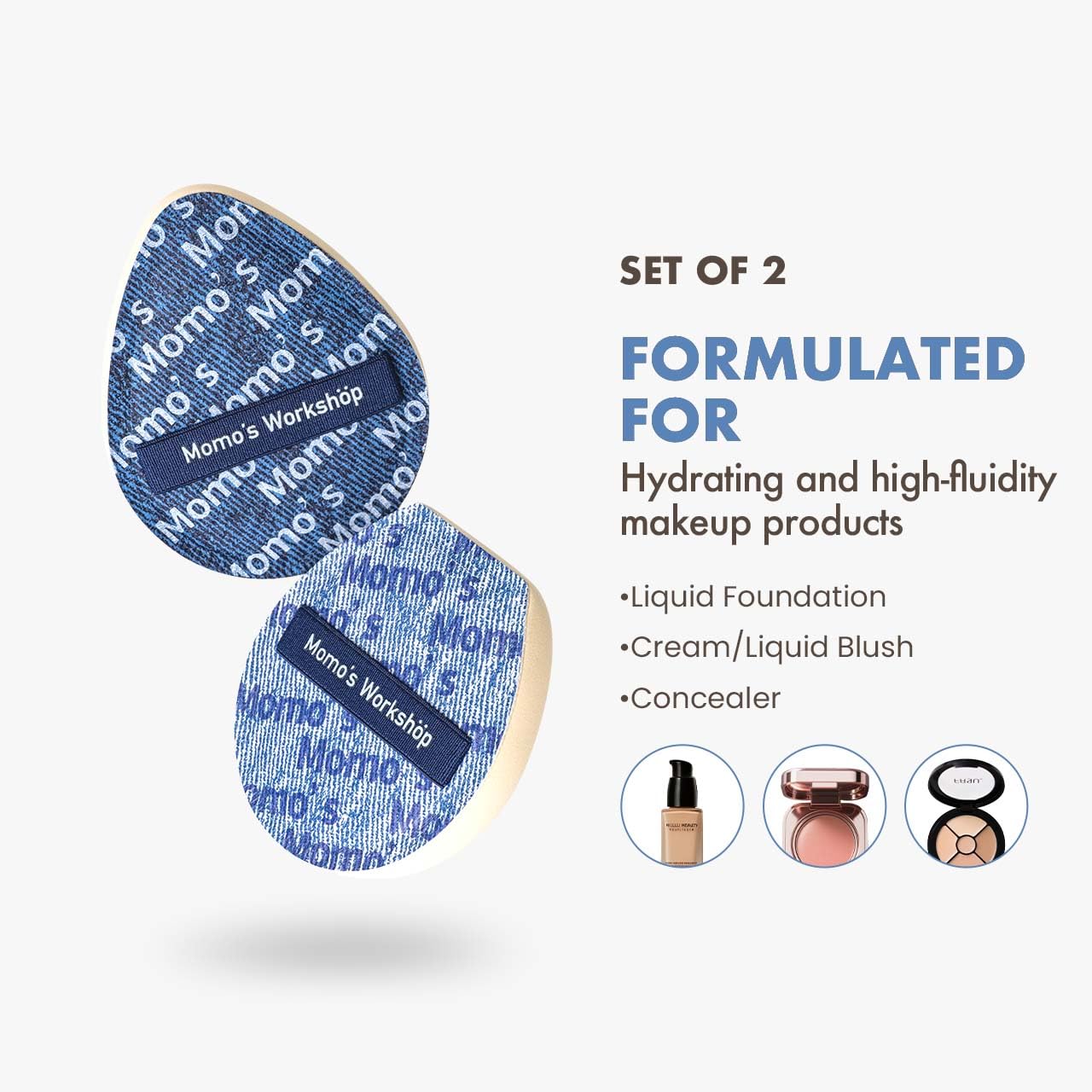 Blue Denim Makeup Sponges,Super Soft Blenders for Liquid Foundation, Dual Design (Egg + Flat Edge), Natural Skin-Like Finish, Makeup Puffs for Blending,Travel Friendly,2pcs for Halloween Themed-GlimoraGlow