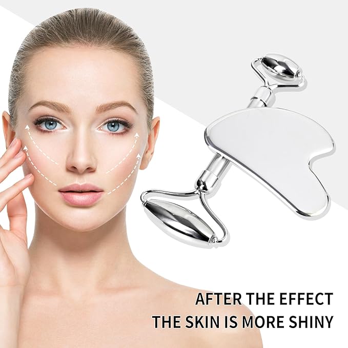 ONLYSKY BEAUTY Face Roller Gua-Sha Set Facial Roller kit for Face Skincare, Stainless-Steel Stone Sculpting Tool, Massager Roller for Skin Care,Gift for Men and Women-GlimoraGlow