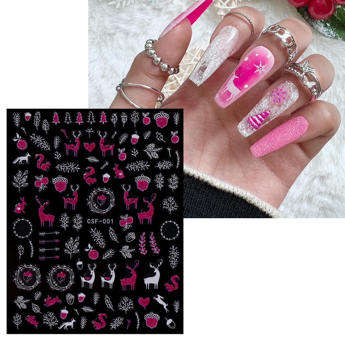 JMEOWIO 9 Sheets Christmas Pink Glitter Nail Art Stickers Decals Self-Adhesive Snowflake Winter Holiday Nail Supplies Nail Art Design Decoration Accessories-GlimoraGlow