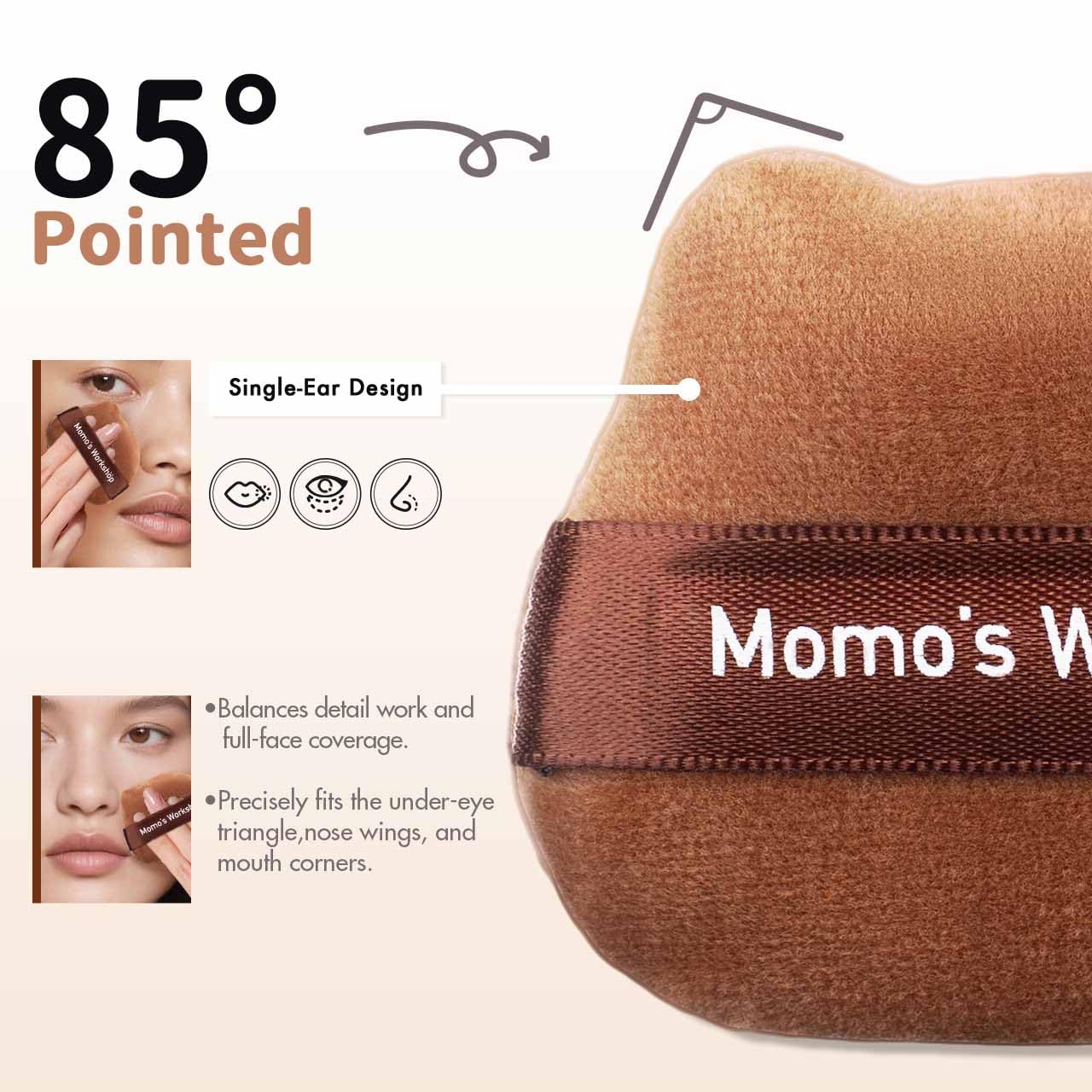 Single-Ear Short Plush Puff,Brown Velvet Powder Puff, 85° Pointed Tip for Highlighting & Full-Face Setting,3pcs Plush Puffs & Storage Case-GlimoraGlow