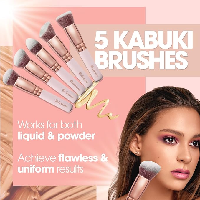 Kabuki Makeup Brush Set - Foundation Powder Blush Concealer Contour Brushes - Perfect for Liquid, Cream or Mineral Products - 10 Pc Collection with Premium Synthetic Bristles for Eye and Face Cosmetic-GlimoraGlow