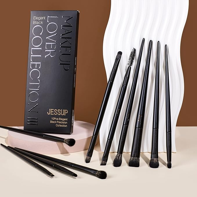 Jessup Eyeshadow Brush Set, 10Pcs Eye Makeup Brushes Professional for Blending Eye Shadow Liner Crease, Duo-end Brow Brush, Elegant Black T337-GlimoraGlow