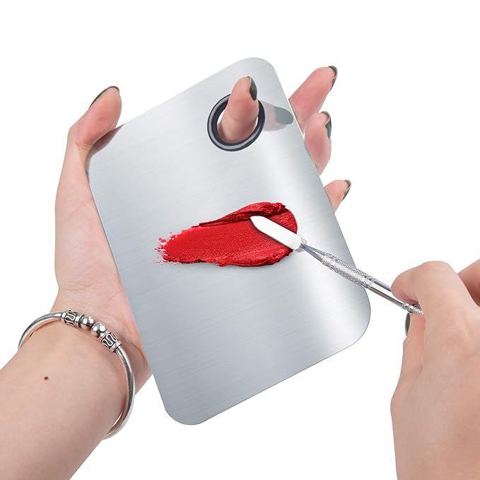 2 Pcs Makeup Mixing Palette, Upgrad Stainless Steel Metal Foundation Palette with Spatula Artist Tool for Mixing Foundation Nail-Art 5.9x3.9 in-GlimoraGlow