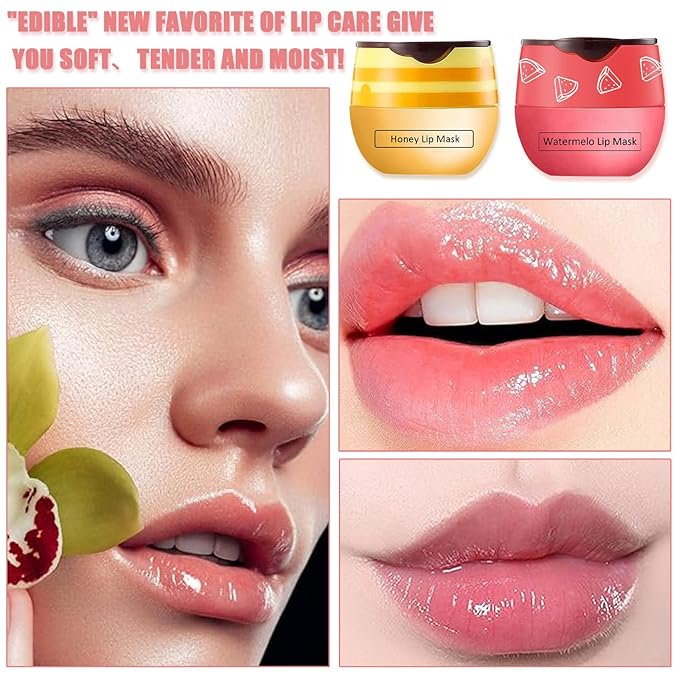 2 PCS Bee Lip Balm Honey Pot,Honey&Watermelon Lip Mask Overnight Moisturizing Prevention Dry and Cracked Lip Scrubs Exfoliator Lip Care,Lip Sleeping Mask Reduces Lip Lines-GlimoraGlow