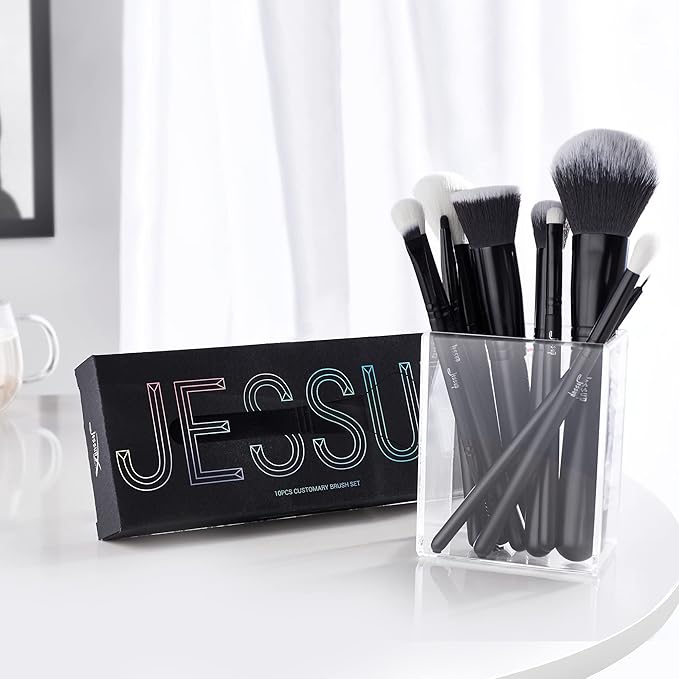Jessup Makeup Brush Set 10pcs Black Make up Brushes Set Professional with Natural Synthetic Hair for Foundation Blending Blush Concealer Eyeshadow Eyebrow Eyeliner, T323-GlimoraGlow