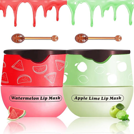 2 PCS Lip Balm Honey Pot, Apple Lime & Watermelem Lip Mask Vitamin E & Moisturizing Propolis Sleeping Lip Mask Prevention Dry and Cracked Lip Scrubs Exfoliator, Christmas Gifts-GlimoraGlow