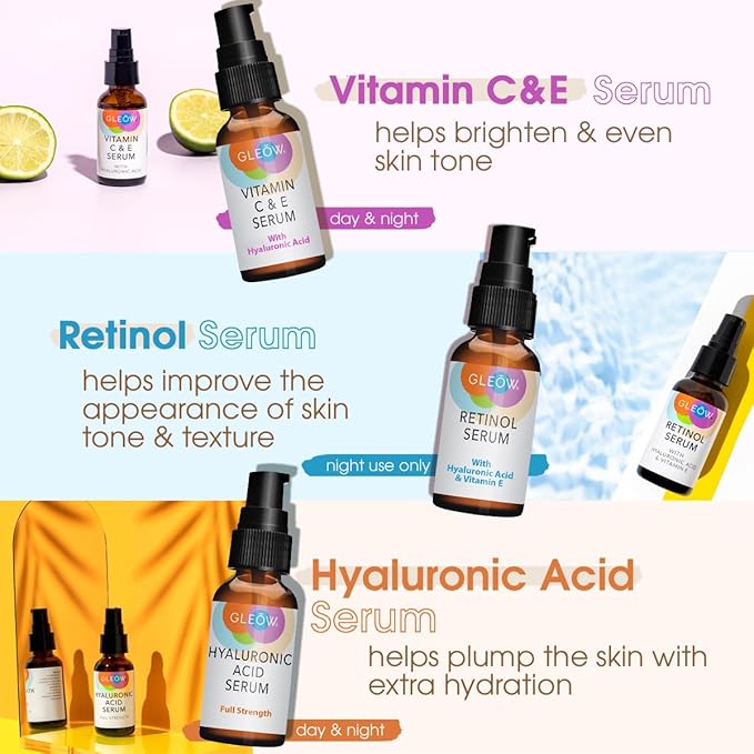Retinol Serum for Face, Vitamin C with Hyaluronic Acid Face Serum for Women and Men, Glow Skin Care Set Total Package Targets Appearance of Uneven Skin Tone and Dryness 3x1oz-GlimoraGlow