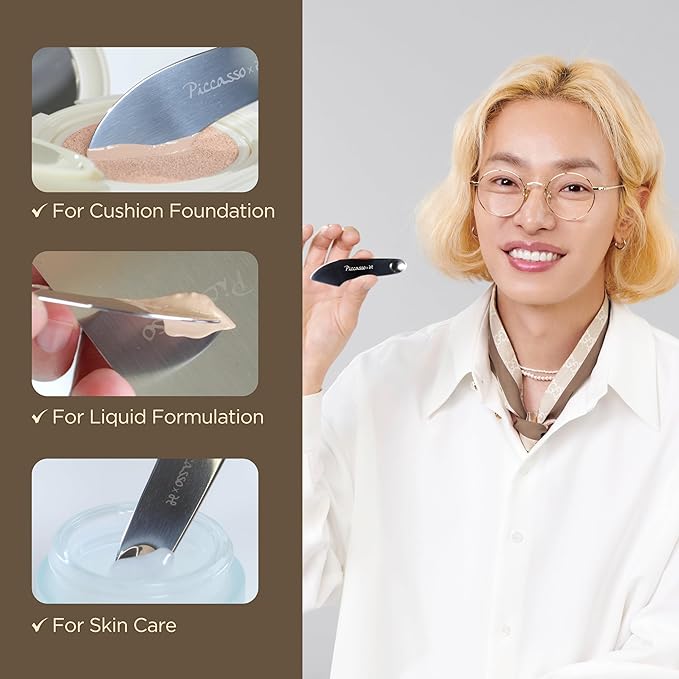 Piccasso 2-Way Makeup Spatula – Professional Foundation & Skin Care Spatula for Face, Dual-Ended Stainless Steel Tool for Precise and Hygienic Application, Includes Leather Case-GlimoraGlow