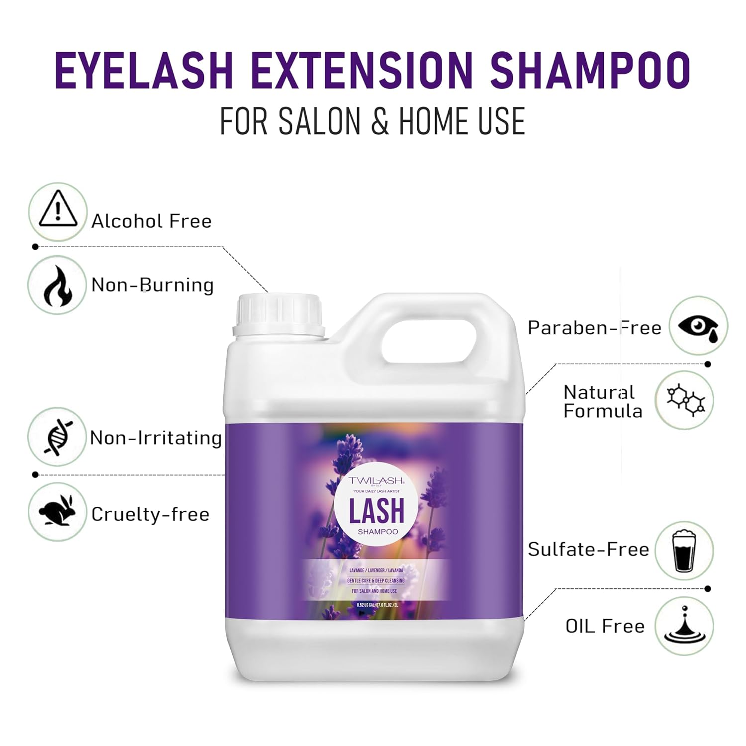 Lash Shampoo Bulk, Eyelash Cleanser for Extensions 2 Liters, Safe Makeup Remover, Non-irritating or Burning Eyelid Foaming Cleanser for Professional Salon and Home Use (Lavender-2L)-GlimoraGlow