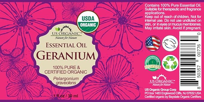US Organic 100% Pure Geranium Essential Oil - USDA Certified Organic, Steam Distilled - W/Euro droppers (More Size Variations Available) (30 ml / 1 fl oz)-GlimoraGlow